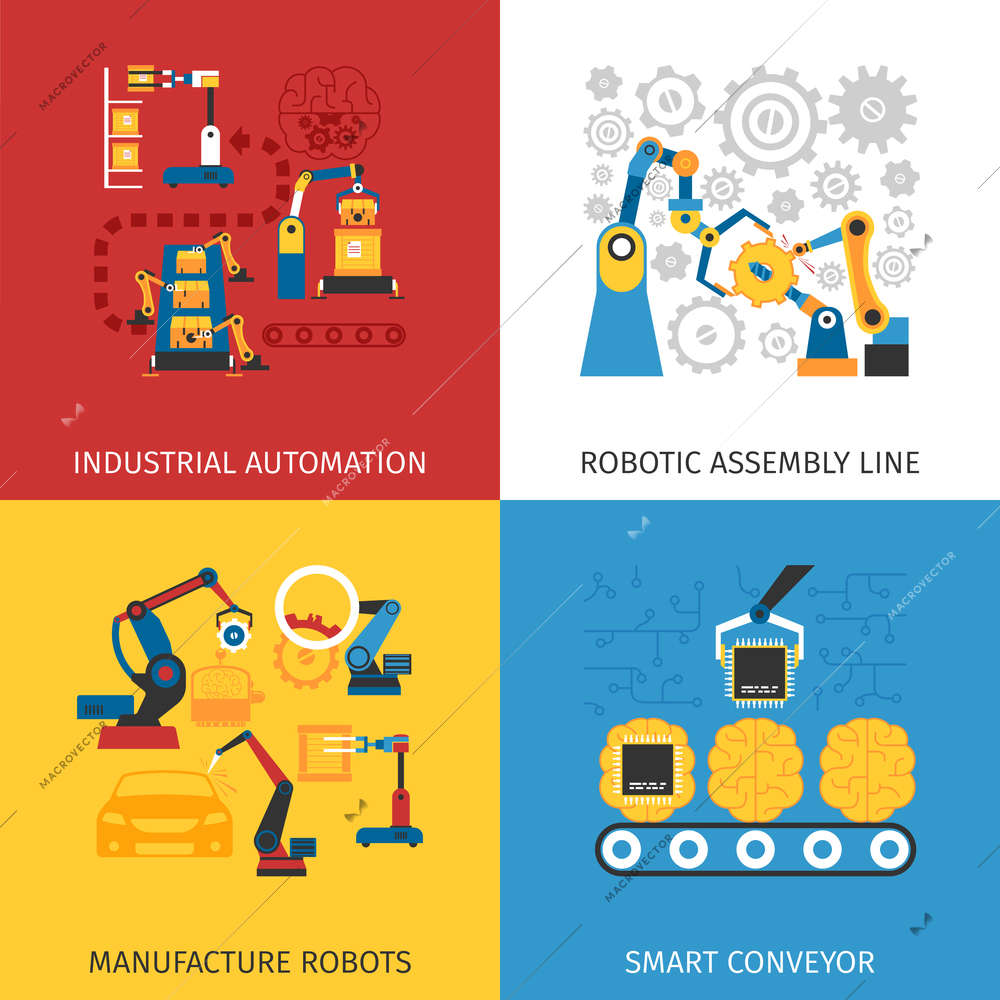 Industrial automation robotic assembly line 4 flat icons square composition design abstract isolated vector illustration