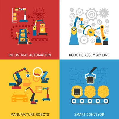 Industrial automation robotic assembly line 4 flat icons square composition design abstract isolated vector illustration