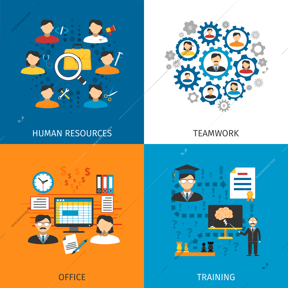 Human resources office staff management and training concept 4 flat pictograms square composition abstract isolated vector illustration