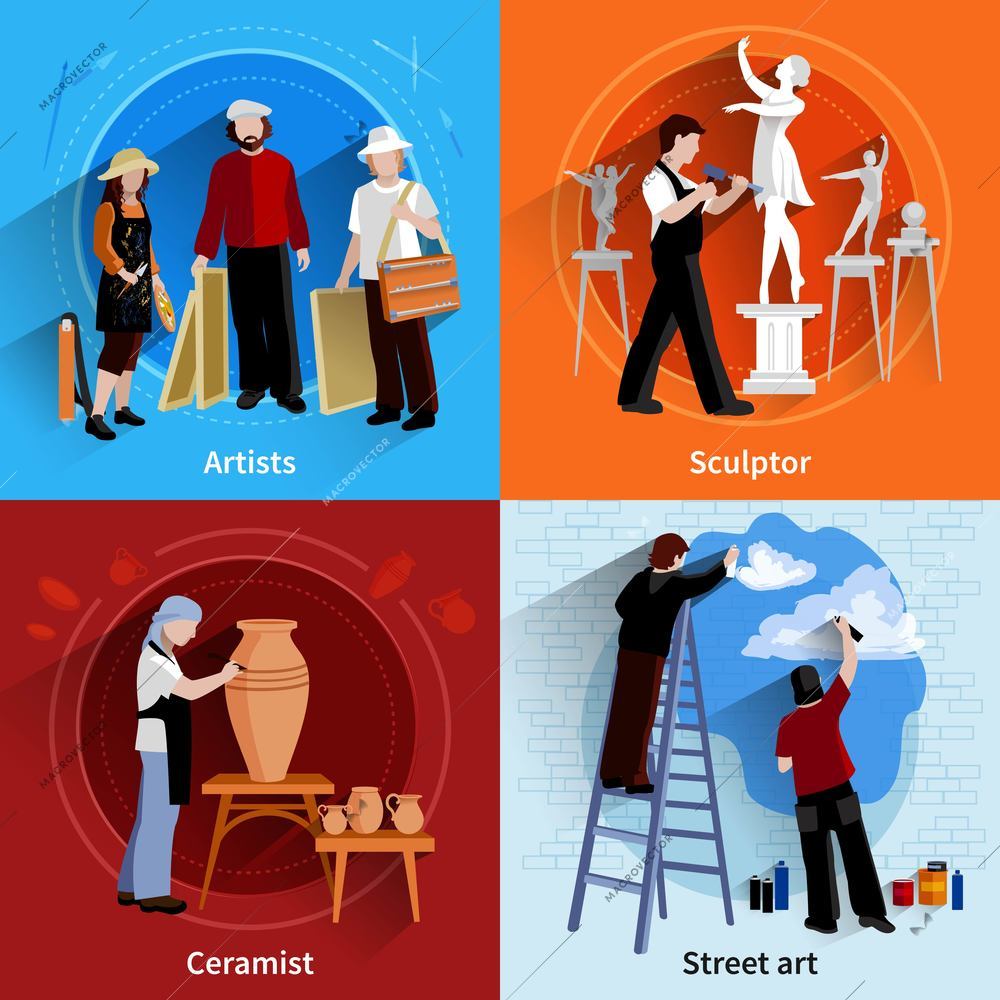 Flat 2x2 images set of artists sculptor ceramist and street art painters vector illustration