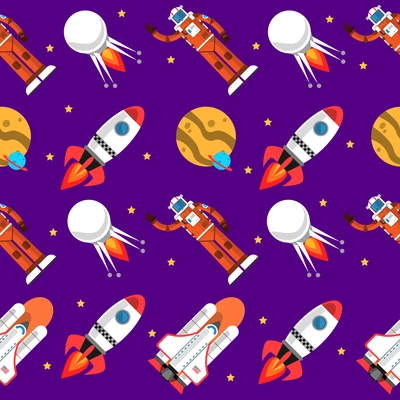 Space seamless pattern with rocket moon and astronaut vector illustration