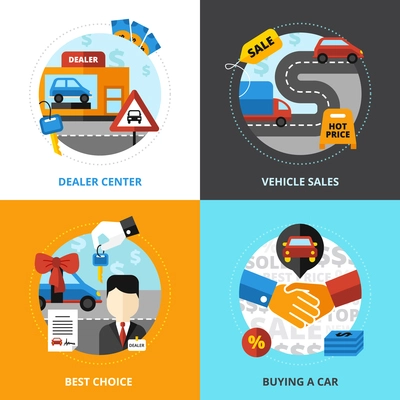 Car dealership 2x2 design concept set of dealer center vehicle sale buying automobile flat vector illustration