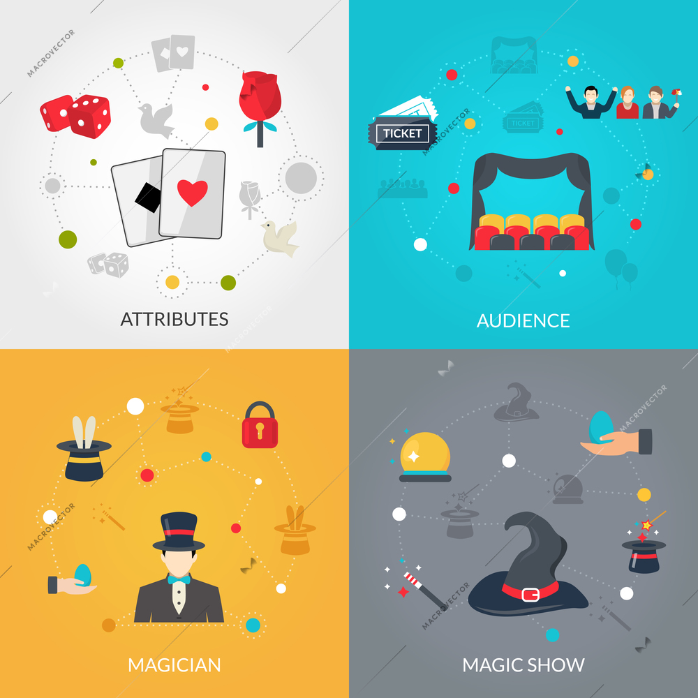 Magician design concept set with magis show attributes flat icons isolated vector illustration