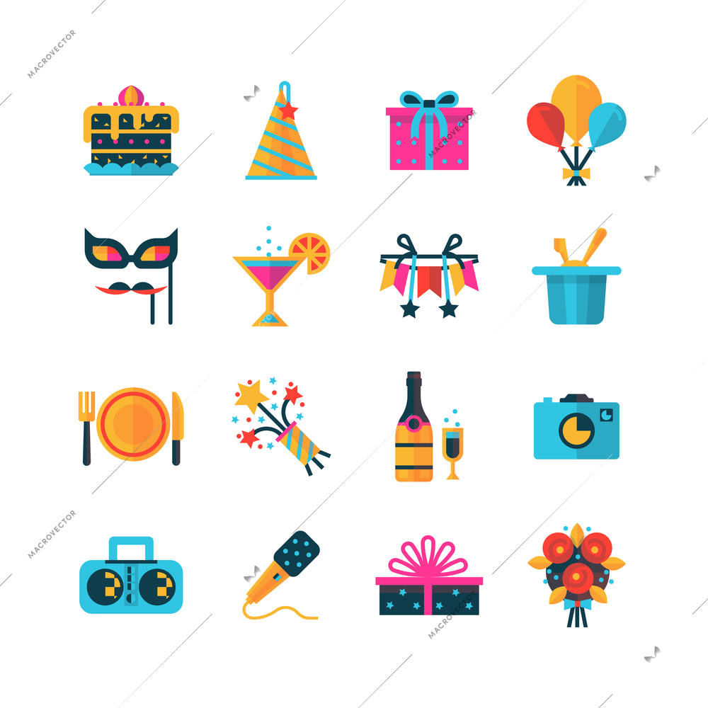 Flat color party icons set with  gift box bouquet balloons and bottle of champagne isolated vector illustration