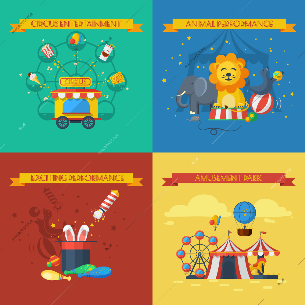 Circus design concept set with animal performance flat icons isolated vector illustration