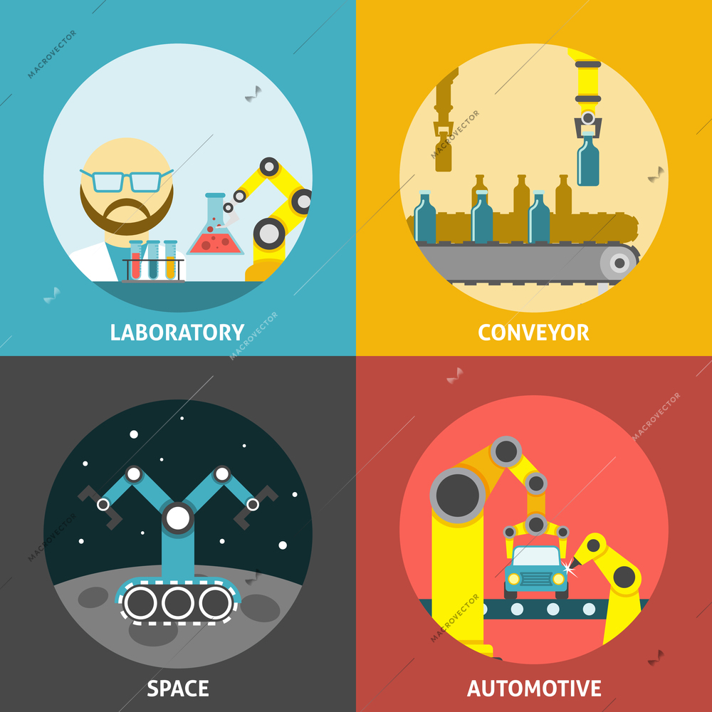Robotic arm design concept set with laboratory space and automotive conveyor flat icons isolated vector illustration