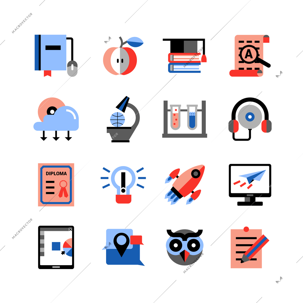 Flat color online education icons set with touch pad computer studying icons and  graduation items isolated vector illustration