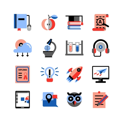 Flat color online education icons set with touch pad computer studying icons and  graduation items isolated vector illustration