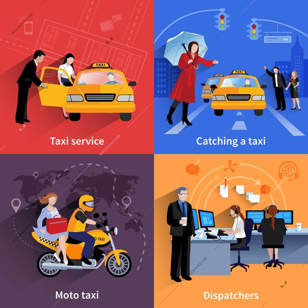 Set of 2x2 banners of taxi service system including dispatchers moto taxi and ordinary taxi flat vector illustration