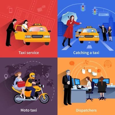 Set of 2x2 banners of taxi service system including dispatchers moto taxi and ordinary taxi flat vector illustration