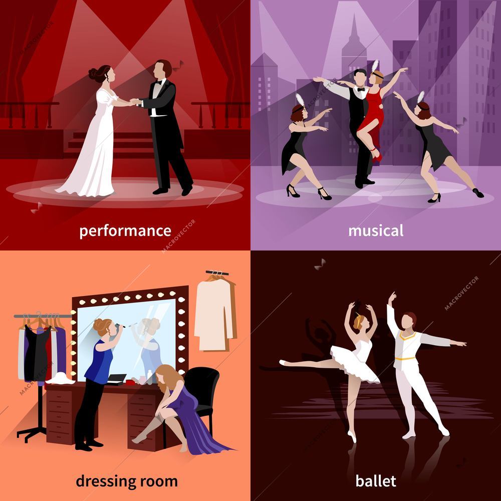 People on theater scenes performance musical ballet and in dressing room flat 2x2 images set vector illustration