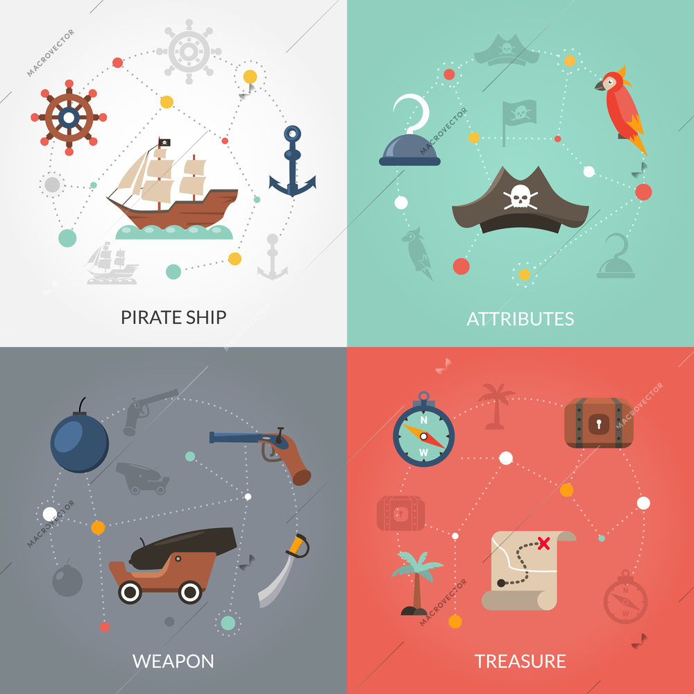 Pirate design concept set with ship weapon and treasure flat icons isolated vector illustration