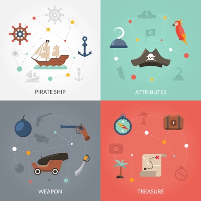 Pirate design concept set with ship weapon and treasure flat icons isolated vector illustration