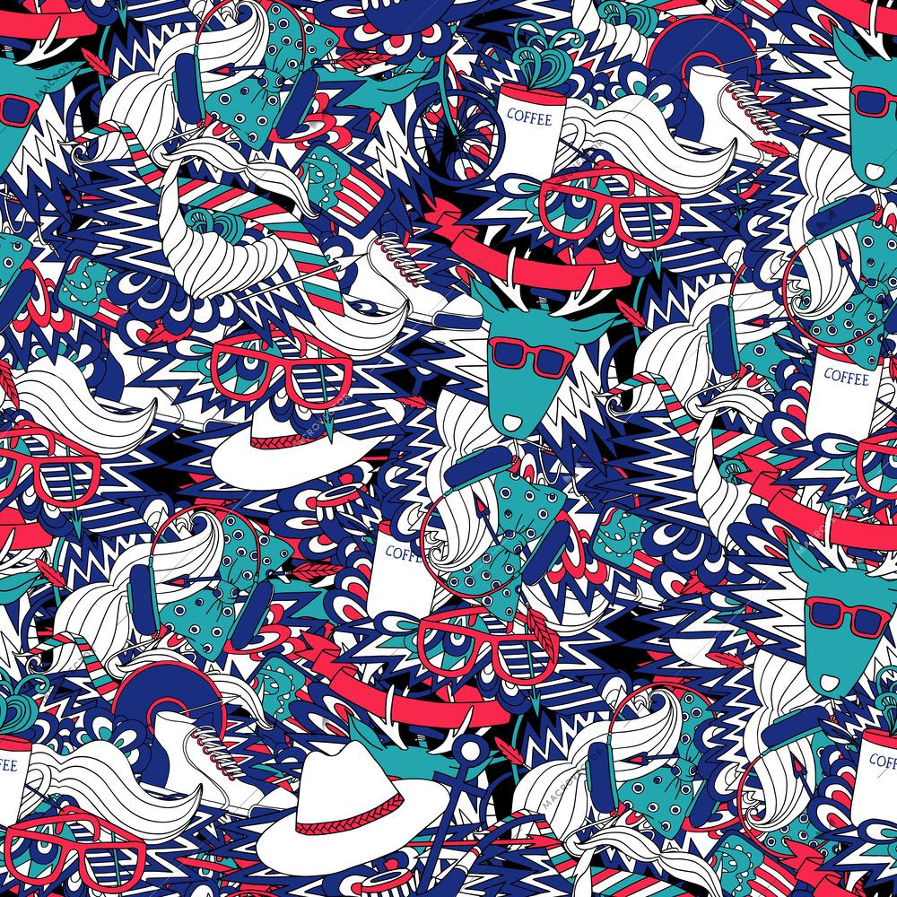 Hipster lifestyle fashion clothing and accessories decorative seamless tileable blue and red pattern abstract vector illustration