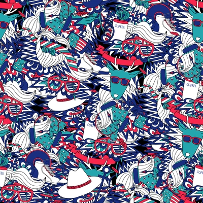 Hipster lifestyle fashion clothing and accessories decorative seamless tileable blue and red pattern abstract vector illustration