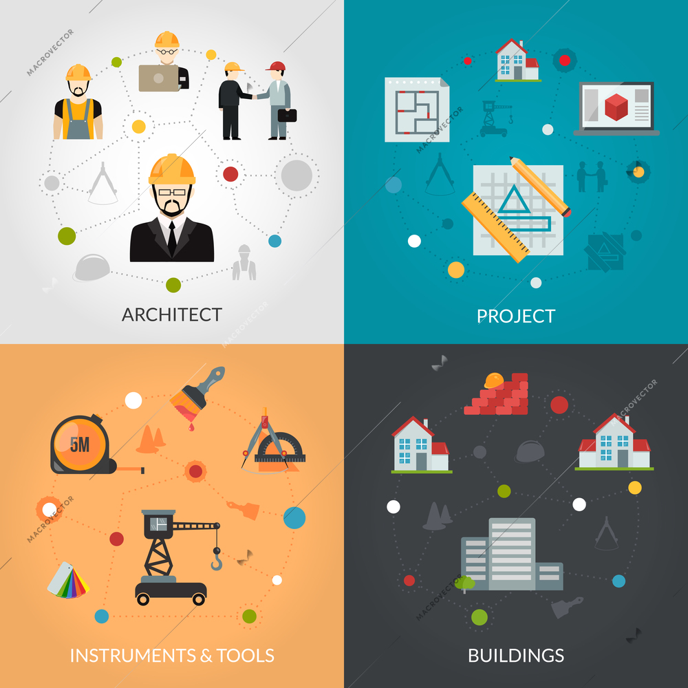 Architect design concept set with house project and building tools flat icons isolated vector illustration