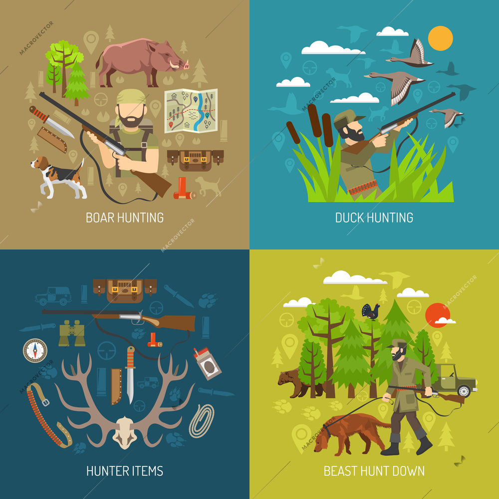 Hunting 2x2 design concept set of boar and duck hunting and hunter  ammunition items flat vector illustration