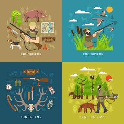 Hunting 2x2 design concept set of boar and duck hunting and hunter  ammunition items flat vector illustration