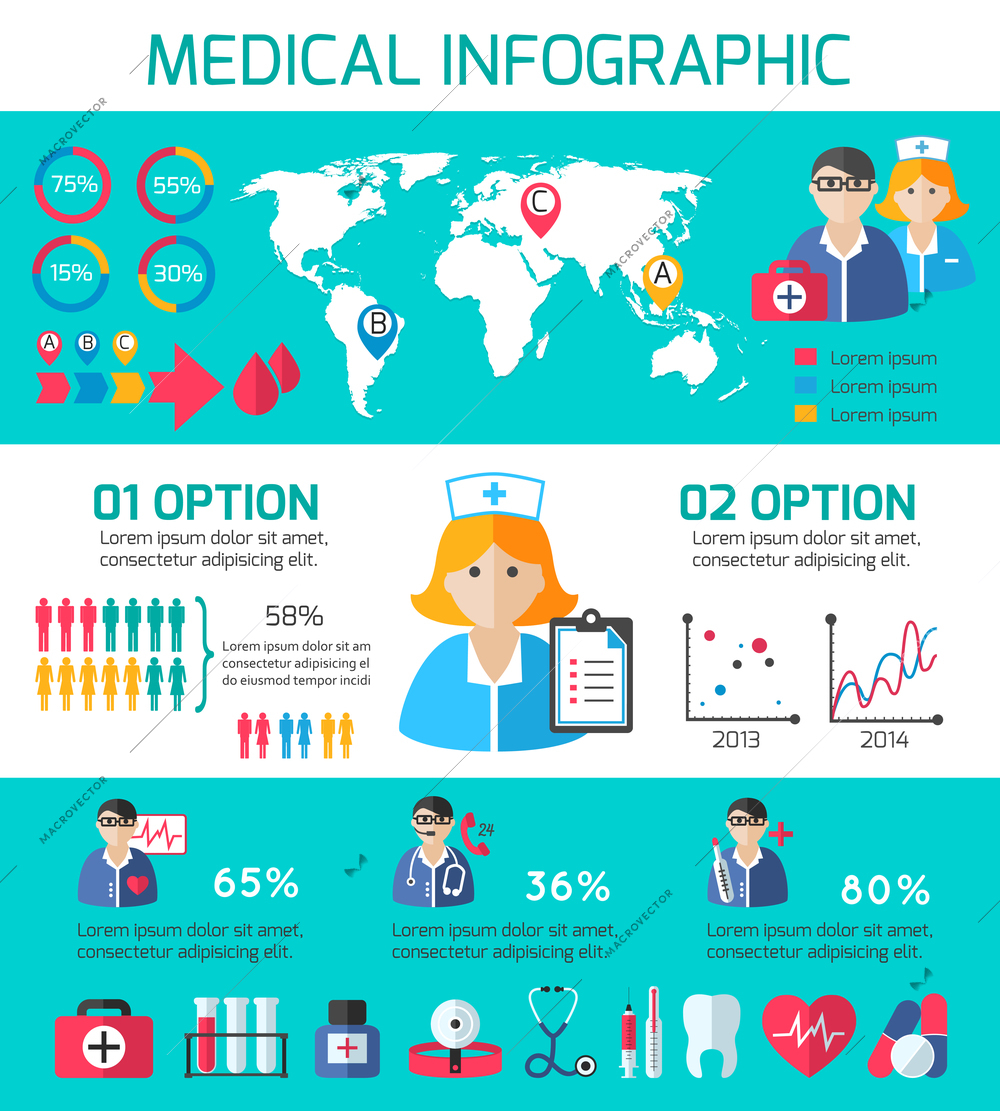 Medical elements and staff infographic elements for web design and presentation isolated vector illustration