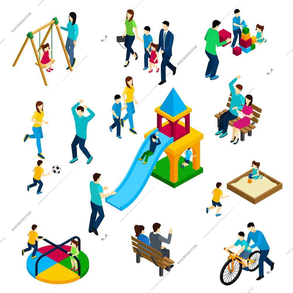 Family playing concept with isometric adults and children on playing ground isolated vector illustration