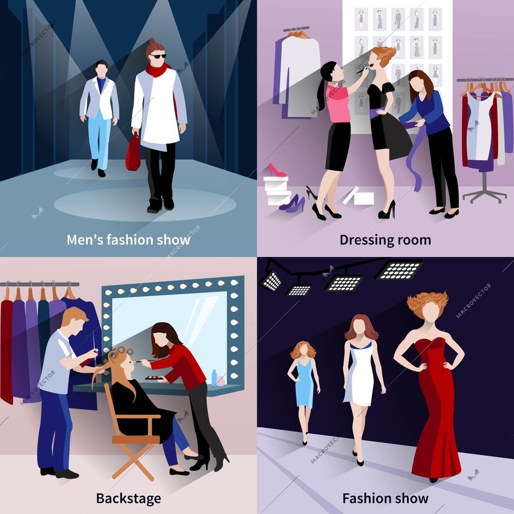 Fashion model design concept set with catwalk and backstage flat icons isolated vector illustration