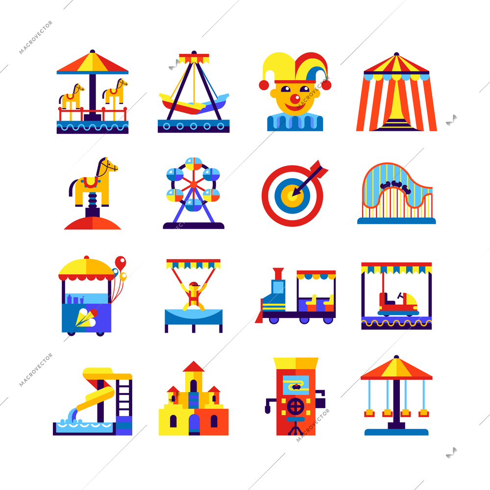 Retro amusement park icons set with swing roundabout castle train and  equipment of playground isolated vector illustration