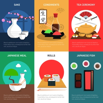 Sushi mini poster set with japanese meal fish and condiments isolated vector illustration