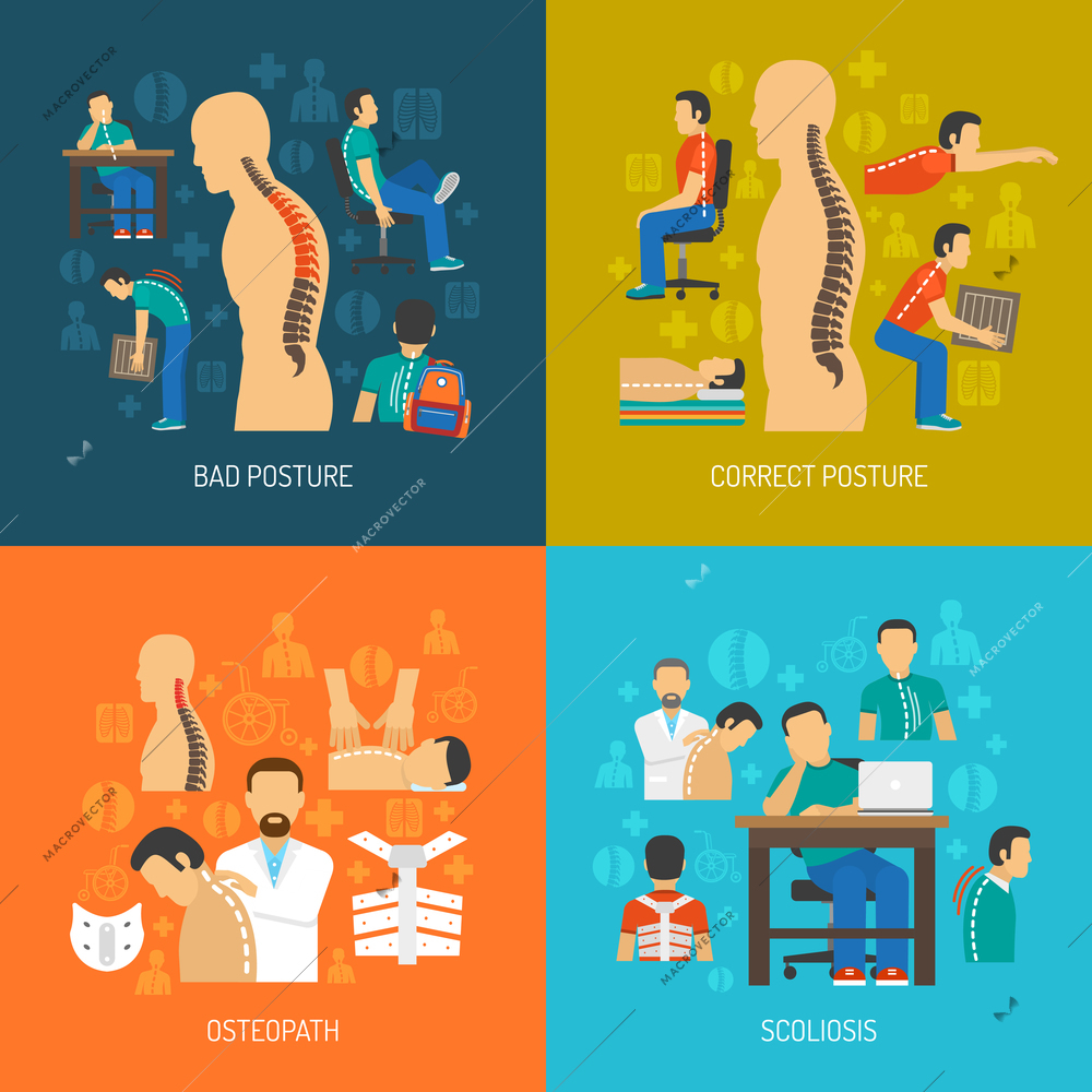 Posture 2x2 flat design concept set of people with scoliosis osteopath with  patient and corrective orthopedic products vector illustration