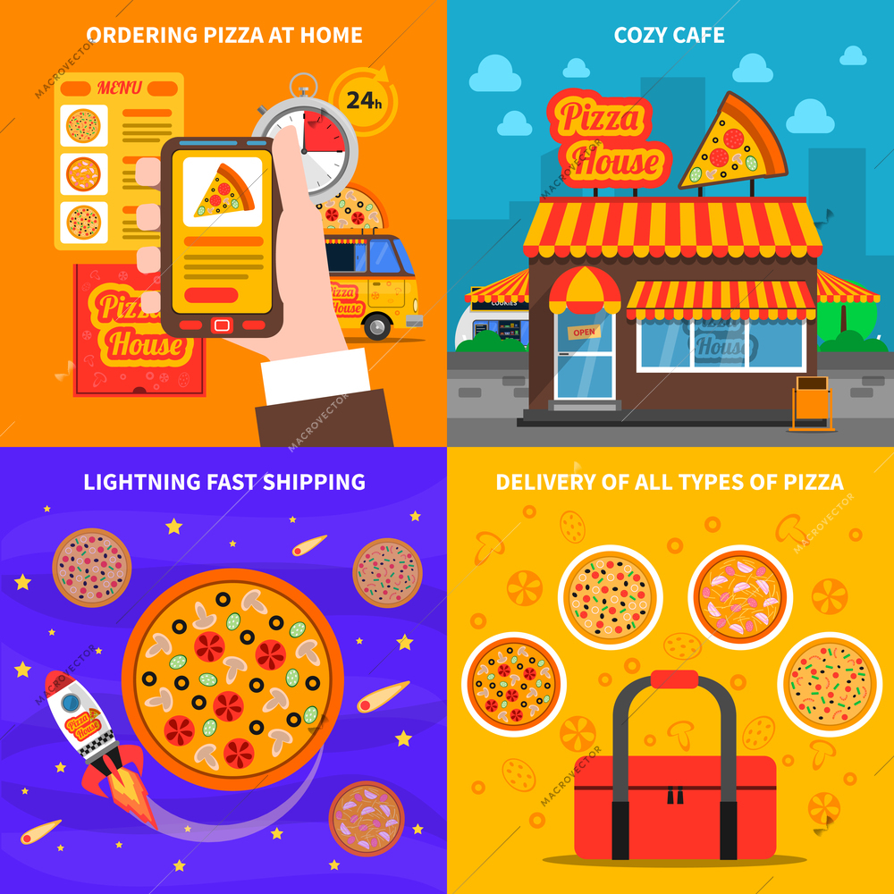 Pizza design concept set with cafe and home delivery flat icons isolated vector illustration