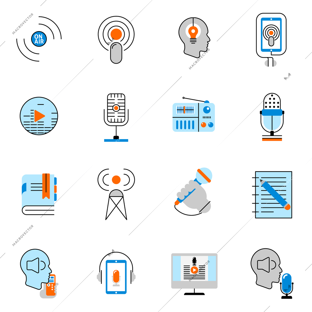 Podcast icons flat line set with social media symbols isolated vector illustration
