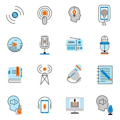 Podcast icons flat line set with social media symbols isolated vector illustration