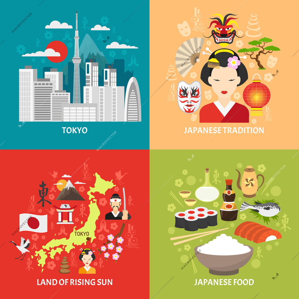 Japan concept icons set with Tokyo and Japanese food symbols flat isolated vector illustration