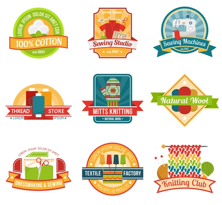 Textile colored emblem set with natural materials store labels isolated vector illustration