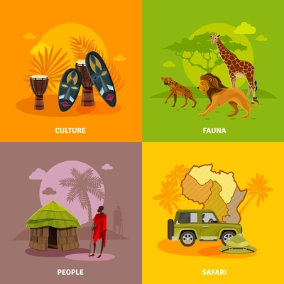 Africa concept icons set with culture fauna and people symbols cartoon isolated vector illustration