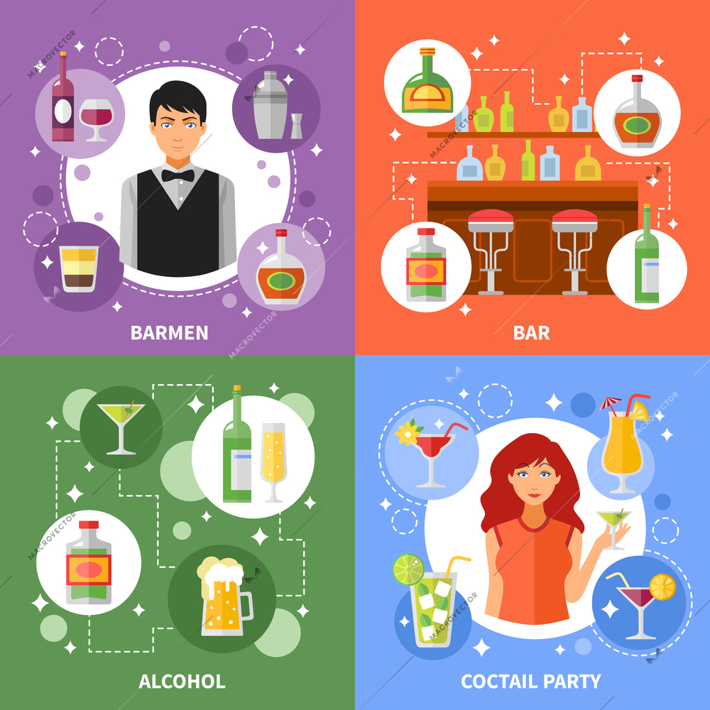 Bar concept 4 flat icons square composition banner with barmen serving alcohol cocktails abstract isolated vector illustration