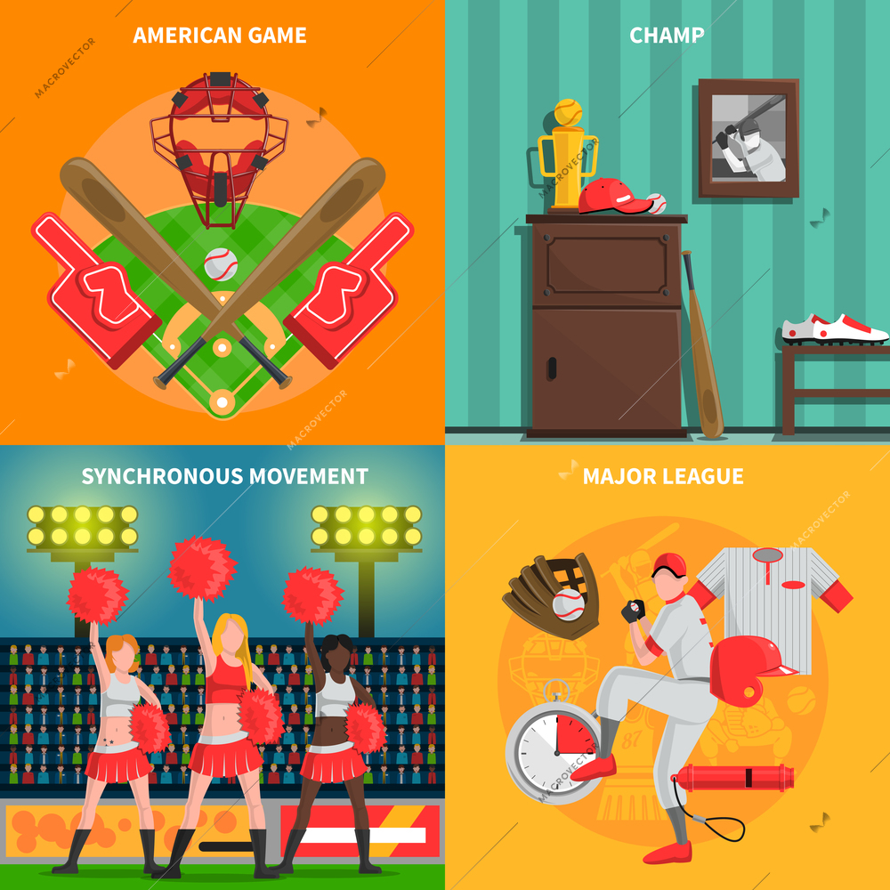 Baseball design concept set with game players and equipments flat icons isolated vector illustration