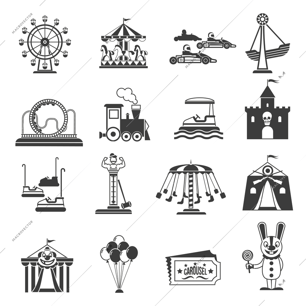 Amusement park icons black set with ferries wheel and rollercoaster symbols isolated vector illustration