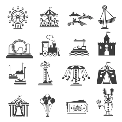 Amusement park icons black set with ferries wheel and rollercoaster symbols isolated vector illustration