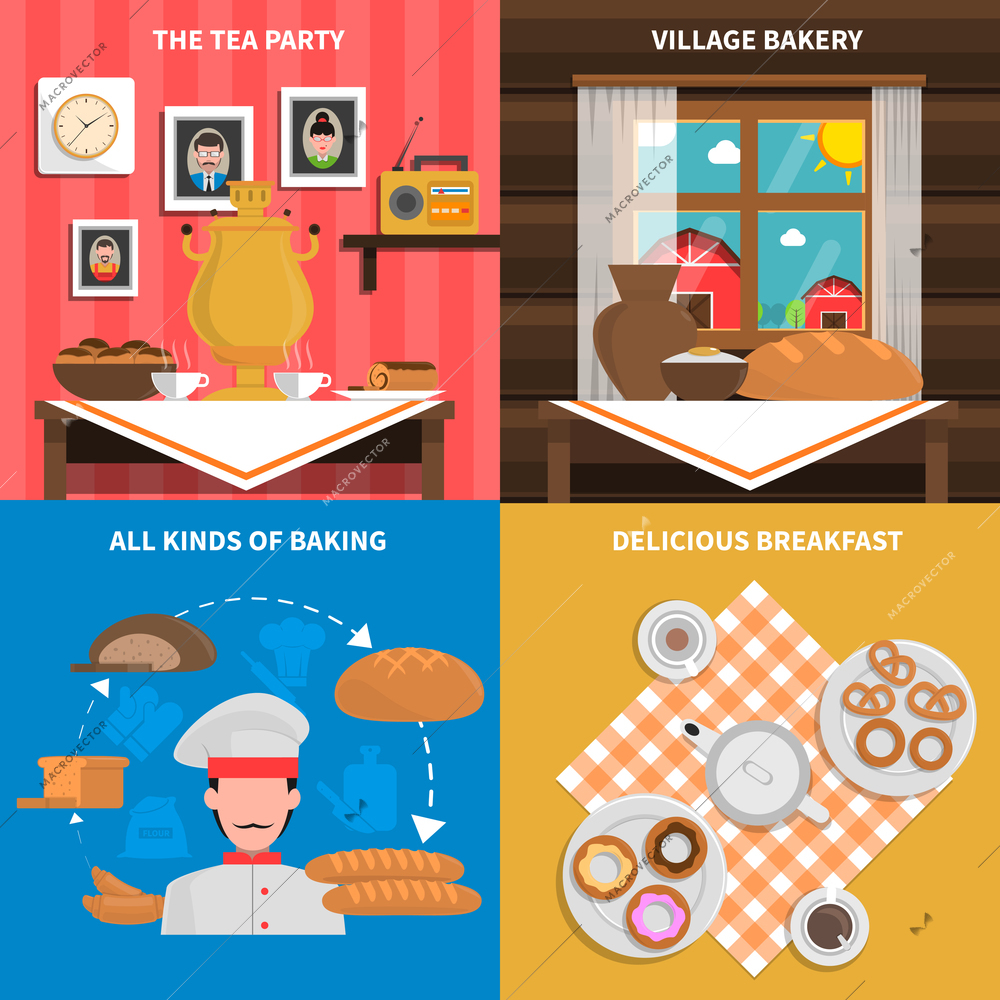 Bakery design concept set with breakfast pastry flat icons isolated vector illustration