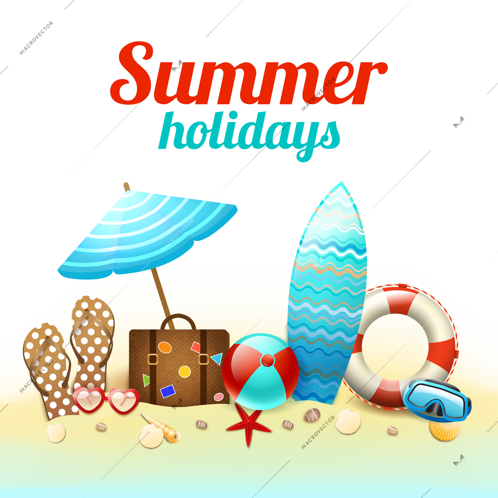 Summer holidays beach background poster with flip-flops ball sunglasses vector illustration