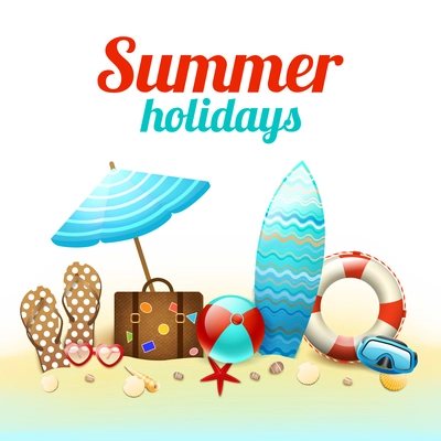 Summer holidays beach background poster with flip-flops ball sunglasses vector illustration
