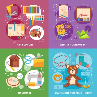 Hobby 2x2 design concept with handicraft items art supplies soft toy and tools for handmade flat vector illustration