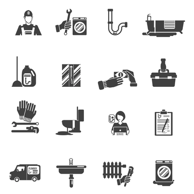 Plumber service tools kit black pictograms set with radiator heater system damage fixing abstract isolated vector illustration