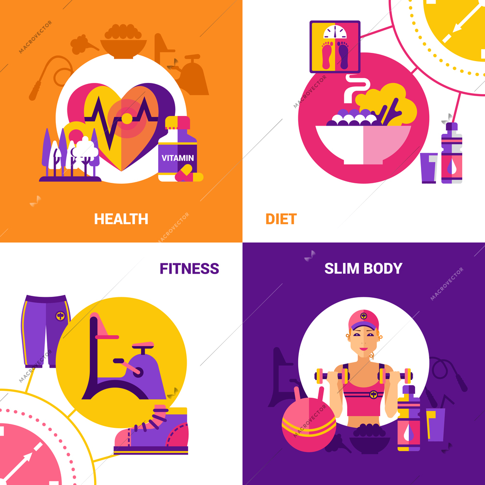 Fitness 2x2 flat design concept set with icons of healthy food wellness diet fitness equipment and exercises for slim body vector illustration