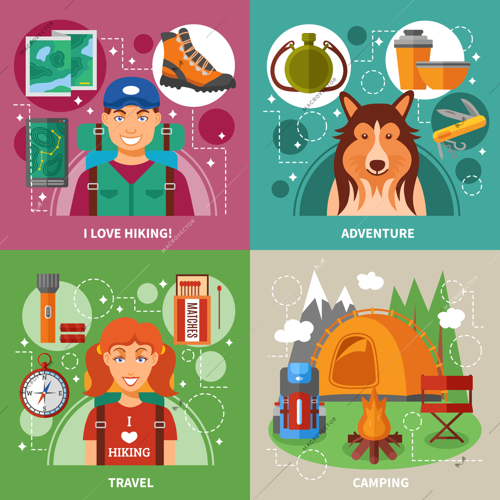 Hiking 2x2 flat design concept with expedition equipment camping composition travel accessories vector illustration