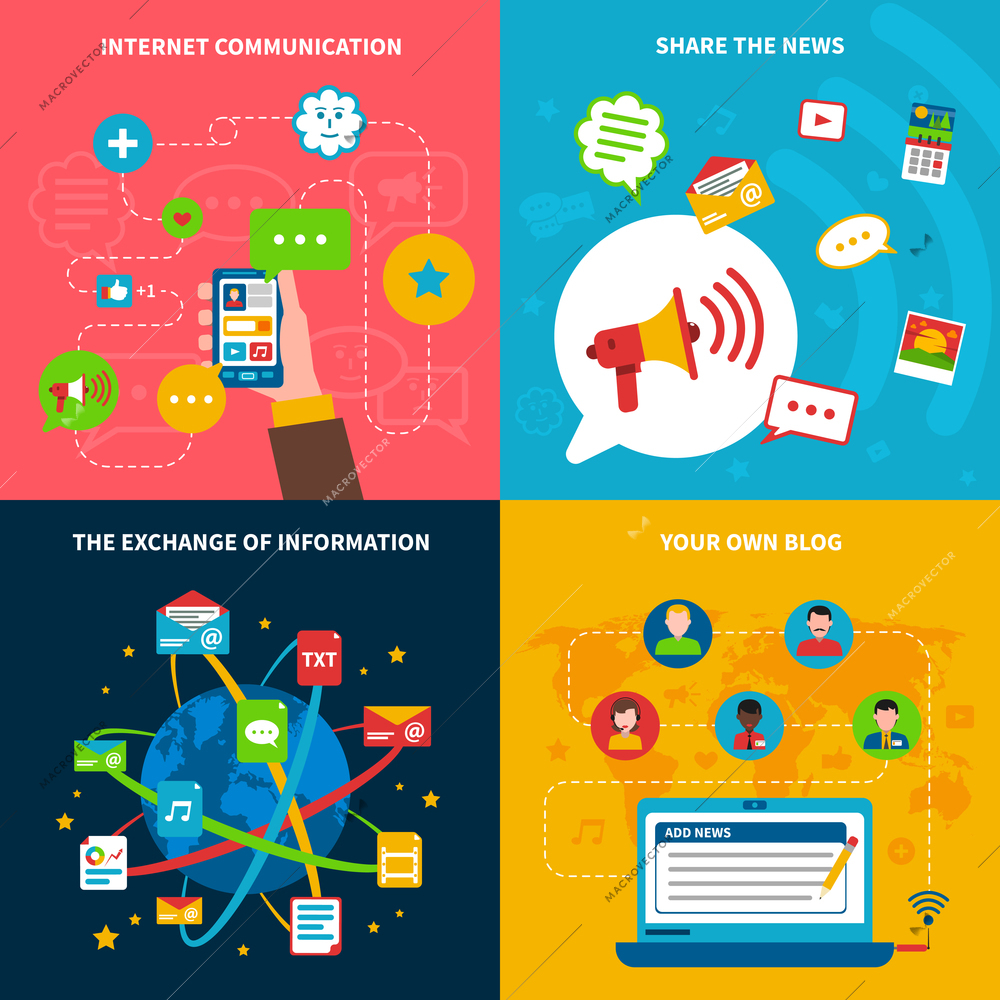 Social network concept icons set with internet communication and exchange of information symbols flat isolated vector illustration