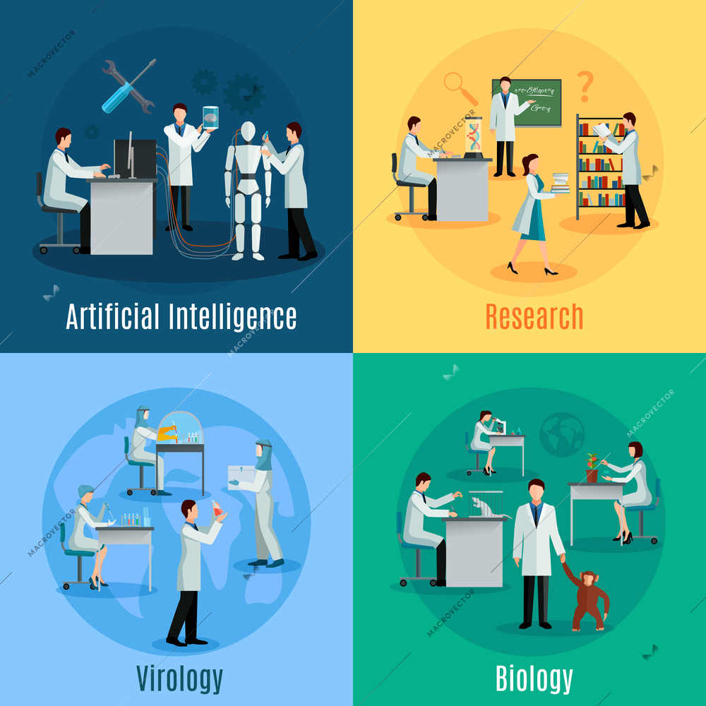 Scientists 2x2 design concept set with researchers in field of biology virology and artificial intelligence flat vector illustration
