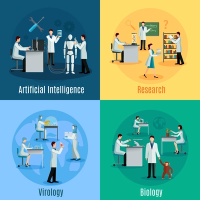 Scientists 2x2 design concept set with researchers in field of biology virology and artificial intelligence flat vector illustration