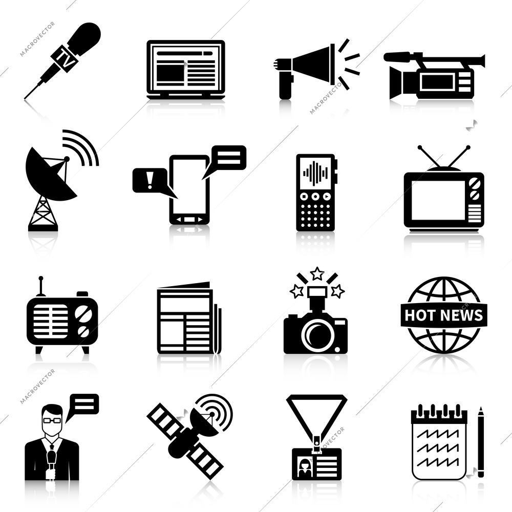 Media black white icons set with press and journalism symbols flat isolated vector illustration