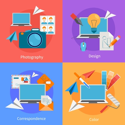 Set of flat square design concept icons for correspondence and  photography services  vector illustration